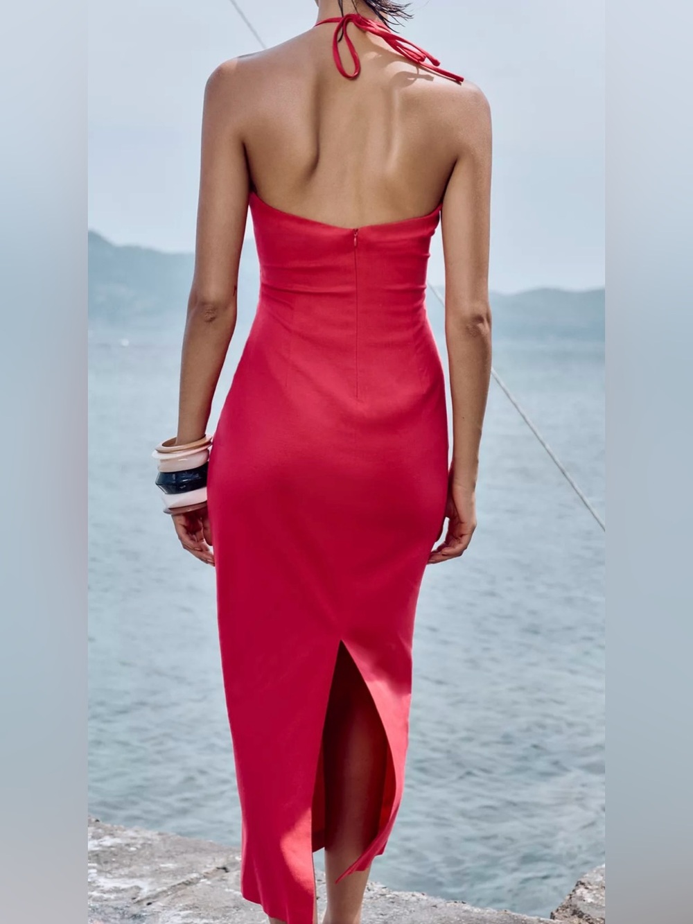 Zara Strapless Red Halter Midi Dress with Front Cutout - Picture 5 of 8